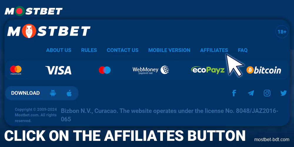 Click the "Affiliate" button at Mostbet BD