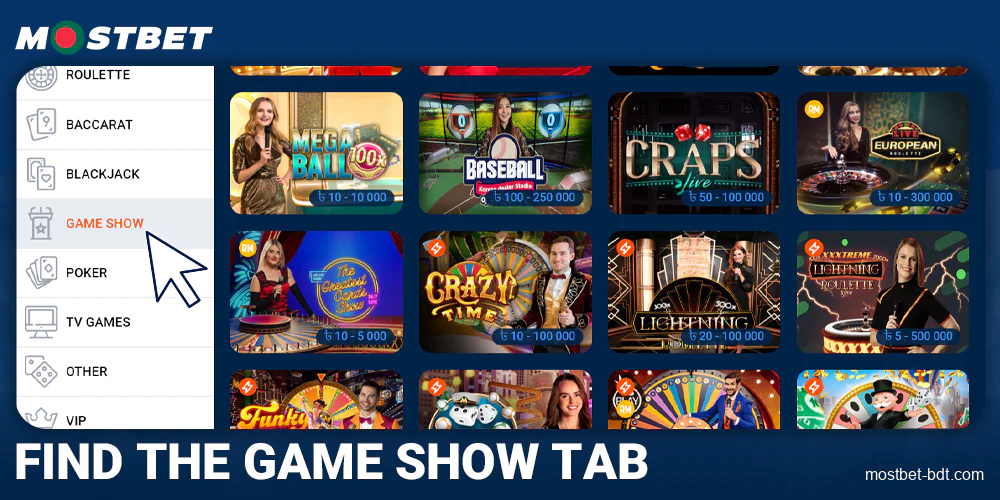 Select the Game Show tab at Mostbet BD