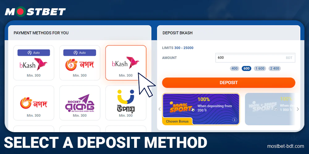 Select a deposit method at Mostbet BD