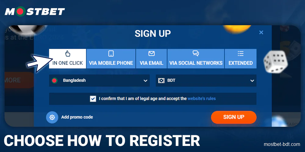 Choose registration method at Mostbet Bangladesh