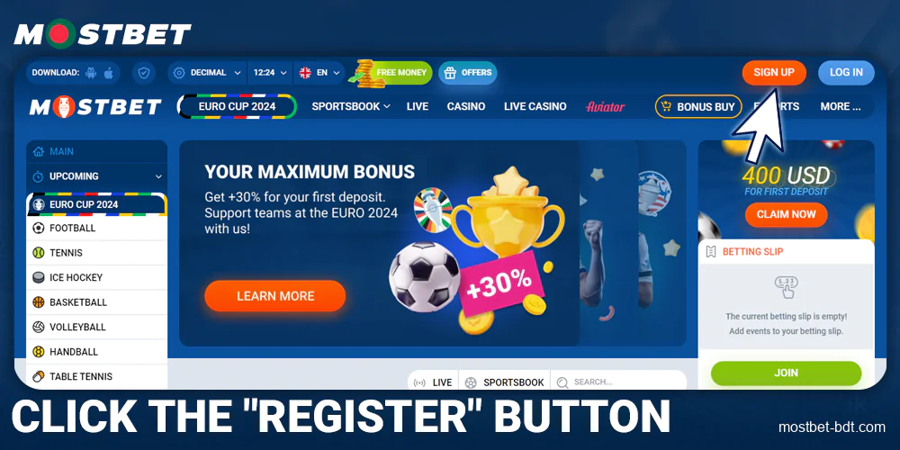 Click Register button at Mostbet Bangladesh