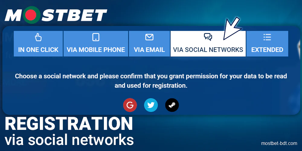 Registration via social networks at Mostbet BD