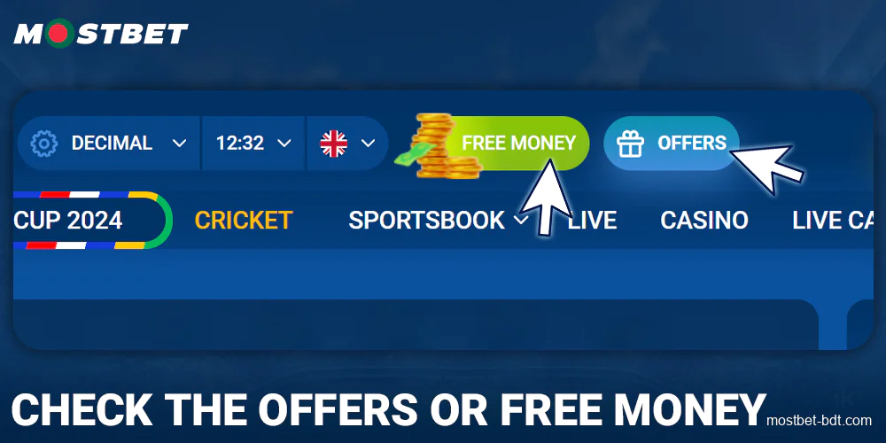 Click on the Offers tab at Mostbet BD